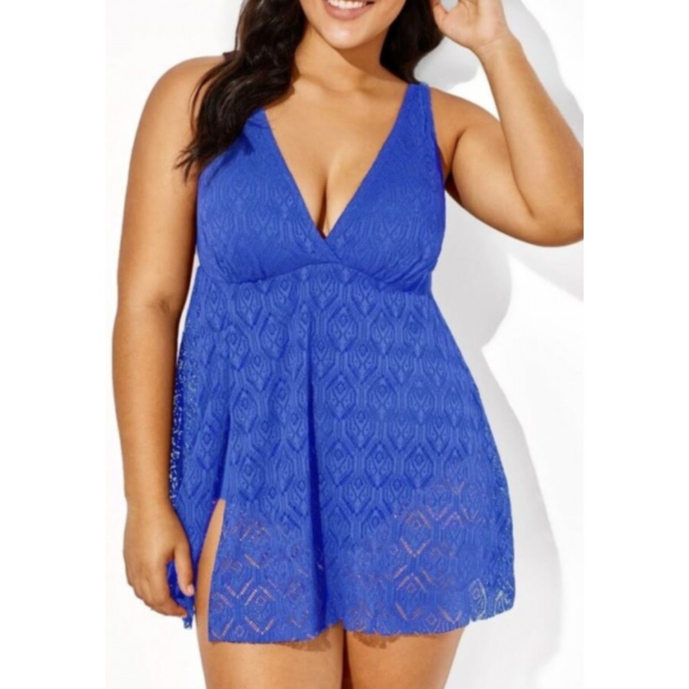 L MEETCURVE one piece mesh skirted swim suit bathing swimwear bright blue triang
